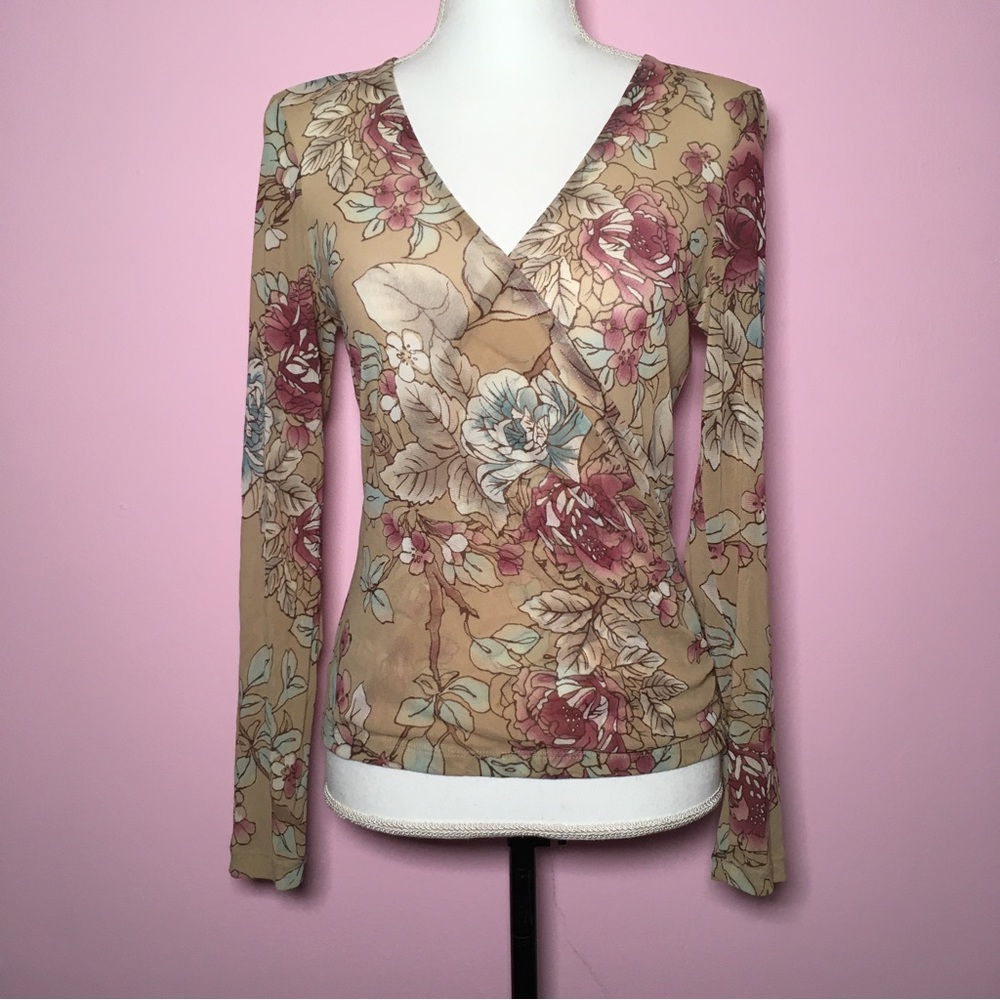 Vintage 90s Y2K The Limited Brown Floral Sheer Mesh Long Sleeve Top S